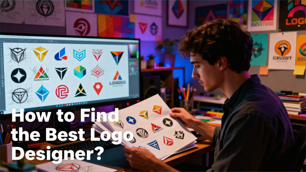 A graphic designer working at a desk with a computer screen displaying various logo designs, surrounded by sketches and art supplies, with the text "How to Find the Best Logo Designer?" overlaid.