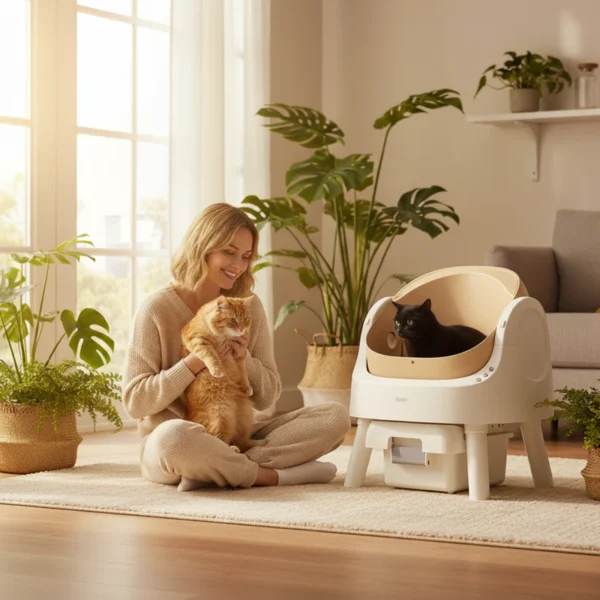 Person sitting with a cat beside an automatic self-cleaning cat litter box with another cat inside, demonstrating the PetPivot AutoScooper 11.
