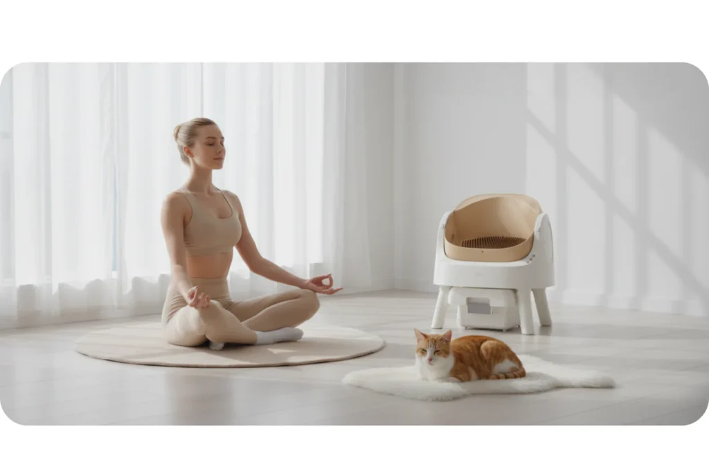 Woman meditating peacefully next to a quiet PetPivot AutoScooper 11 self-cleaning litter box and a relaxed orange cat, demonstrating odor-free living.