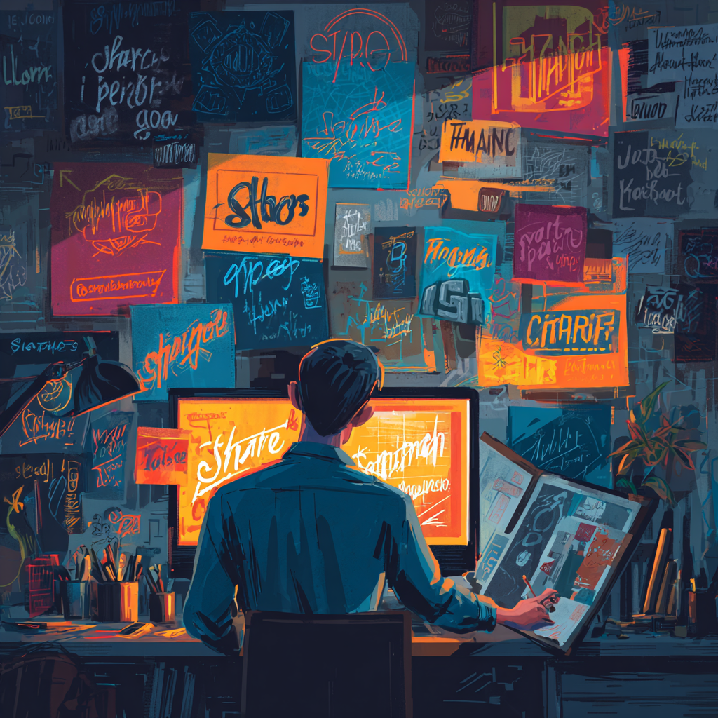 Digital illustration of a creative content creator working at a cluttered desk with computer screens and sticky notes, representing the InnovaForever team researching affiliate products.