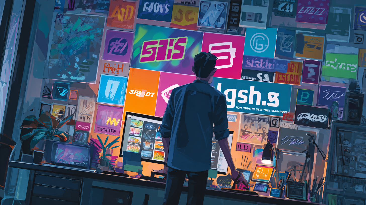 Person at a computer in a creative workspace surrounded by colorful product graphics, representing a wide range of affiliate categories like tech, lifestyle, travel, and home products.